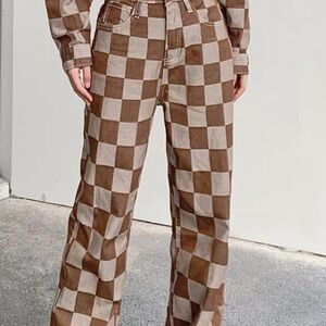 SHEIN Brown Checkered Wide Leg Pants